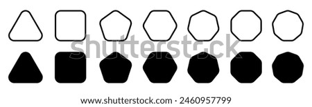 Geometric shapes set with rounded corners, triangle square pentagon hexagon heptagon octagon, slightly rounded version