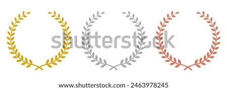 Laurel wreath of victory icon, set of gold, silver and bronze medals, laurel frame ranking decoration