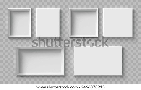 Open and close white gift boxes set, white square box top view, open cap, empty packages mockup 3d isolated, container mockup, empty carton package, realistic paper box - vector for stock