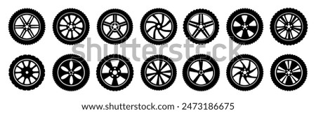 Car wheel icons, set auto tire, wheel tires and discs, car wheel silhouettes collection - vector