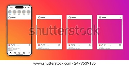 Instagram post feed frame mockup with smartphone Iphone 15 pro max mock up template design, social media instagram carousel post template, instagram mobile app scroll frame pages