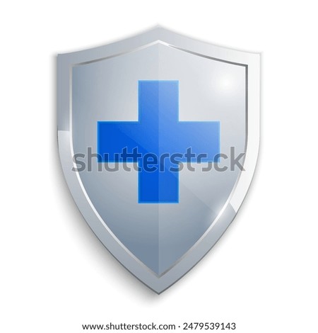 Medical health protection shield with cross, healthcare medicine protected steel guard shield concept, safety badge steel icon, security safeguard metal label