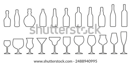 Wine bottle line collection, bottles of wine and different wine glass icons isolated. Bottles of various sizes. Contours of bottles for water, alcohol and cocktails – vector