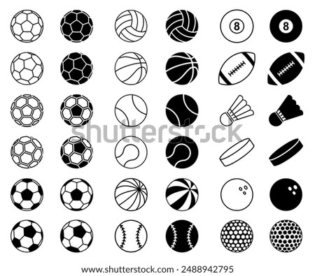 Sport balls set icons in solid and outline, sports ball collection