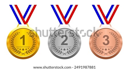 Gold Silver Bronze sports medals with ribbon