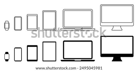 Set technology line devices icon: computer, laptop, tablet, smartphone, watch icons. Outline mockup electronics devices monitor lines simple isolated