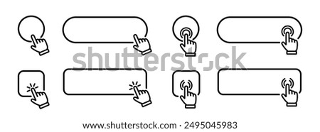 Click here web button sign. Click cursor set button with hand pointer clicking. Isolated website buy or register bar icon with hand finger arrow clicking cursor