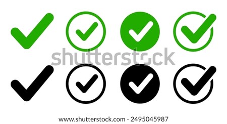 Approval check icon isolated, set quality sign, green and black tick