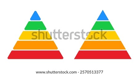 Colored levels of triangular pyramid. Maslow hierarchy of needs, triangle pyramid chart steps, pyramid layer diagram with rounded and sharp corners