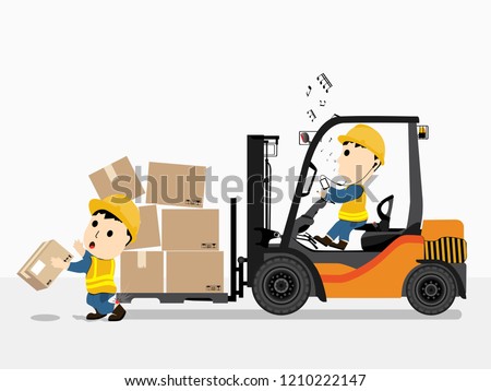 Visual drawing of cartoon at engineer working and driving forklift car impact to worker for accident in industrial, concept health care and safety first, vector illustration set 13