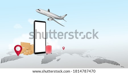 Online shipping through the application on the mobile phone screen to order products and transport internationally by plane or buy travel trip around the world, concept business with technology