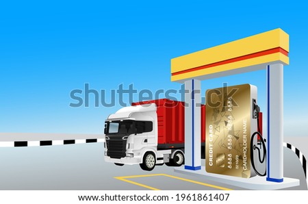 Gold credit cards for spending, fueling in a gas station, making transactions with banks through full-service automatic card payments to drive the transportation business promptly on time for vector