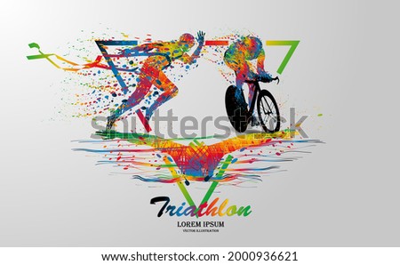 Visual drawing logo swimming, cycling and runner sport at fast of speed in triathlon game, colorful beautiful design style on white background for vector illustration, exercise sport concept Сток-фото © 