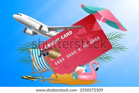 Advertisements using credit cards for travel shopping ticket booking travel online. Summer on beach vacation online in holiday package idea, sea sky background for vector illustration