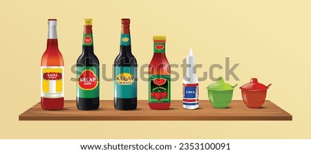 Wooden table side view with chili sauce, ketchup, salty soy sauce, sweet soy sauce, tomato sauce and vinegar bottle for eating a bowl of bakso indonesian meatball