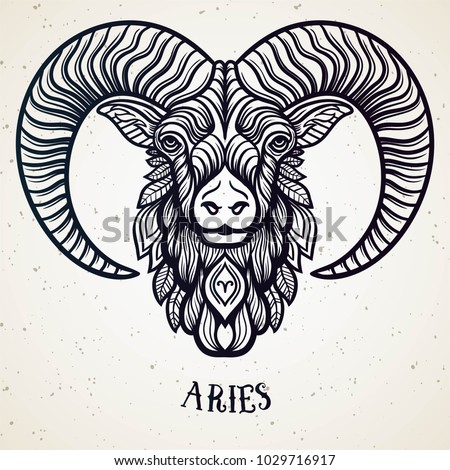 Beautiful line art filigree zodiac symbol. Black sign on vintage background. Elegant jewelry tattoo. Engraved horoscope symbol. Doodle mystic drawing with calligraphy lettering. Aries