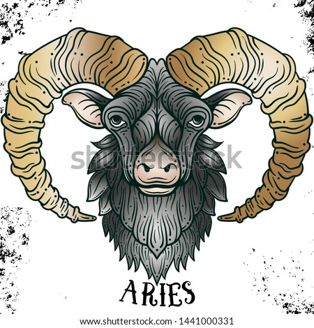 Beautiful line art filigree symbol. Black sign on vintage background.Elegant jewelry tattoo.Engraved horoscope symbol.Doodle mystic drawing with calligraphy lettering.Aries