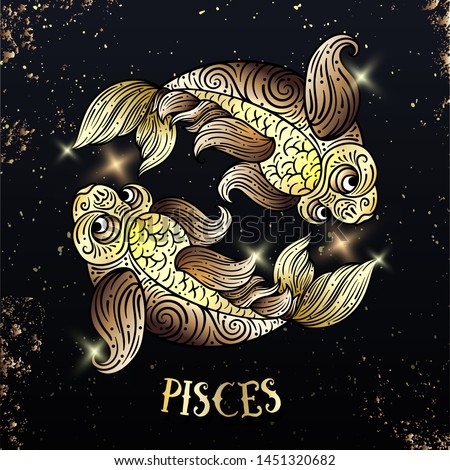 Beautiful line art filigree zodiac s sign on vintage background. Elegant jewelry tattoo.For printing Removable Temporary Tattoo Sticker Body Art Multicolor. Pisces. Line art vintage tattooo