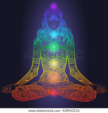 Woman sitting in yoga lotus pose with Tattoo mehendi zentangle ornamental vintage pattern. Meditation, aura and chakras. Vector illustration. Neon glowing colors