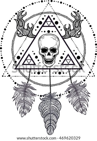 Blackwork tattoo flash. Dreamcatcher with human skull, feathers and deer antlers. Vector. Tattoo design, mystic symbol. New school dotwork. Boho hipster design. Print, posters, t-shirts and textiles.