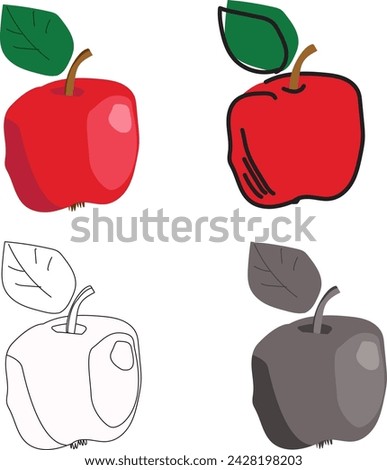An apple made in four versions: fill with color, completely stroked, shades of grey and big stroke with simple fill. Isolation on blank backdrop.