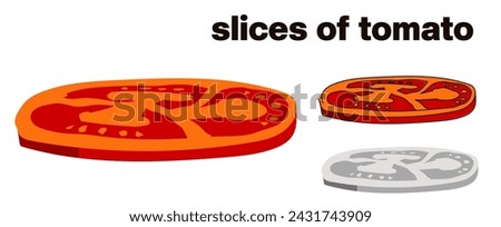 Hand drawn tomato slice, made in three versions: fill, shades of grey fill and fill with rough hand stroke. Food. Vector illustration. Dish component.
