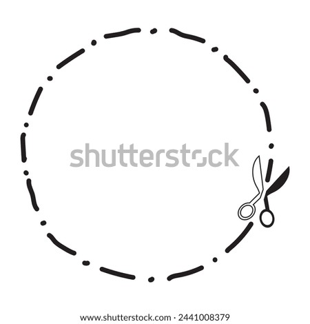 Round frame made of dotted line and scissors nearby. Good for advertisement, coupons, sales, banners, other things that need to be marked to take away. Black line and scissors on white background.