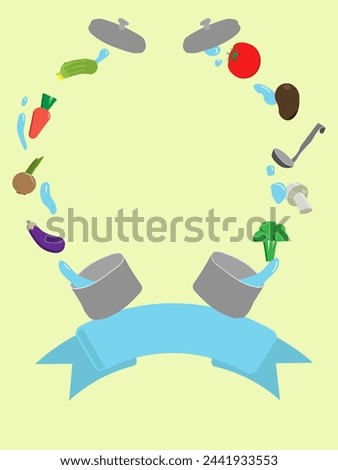 Near round frame made of two pots, some vegetables, lids, ladle, water bubbles. In the bottom of frame - blue ribbon. Good for advertisements, sales, contests, posters. Vector illustration.
