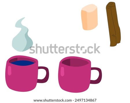 A hand drawn autumn set of: cinnamon, marshmallow, empty pink cup (mug), filled with beverage cup (mug) with steam on top. Isolated on white background. Vector illustration.