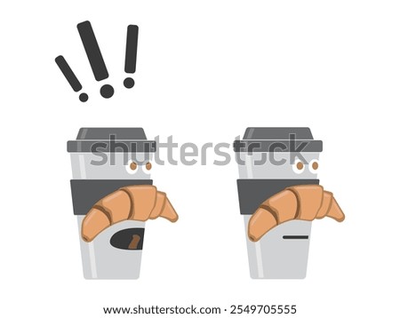 Two versions of character (coffee cup with eyes, mouth and moustache like croissant): one is shouting something (with exclamation marks over head) and other - calm and silent, with closed mouth.