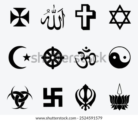 Set of simple design pluralism colorful icon ; Religion symbol ; Sign of major religious group ; Islam, Christianity, Judaism, Bahai, Shinto, Buddhism, Taoism, Hinduism