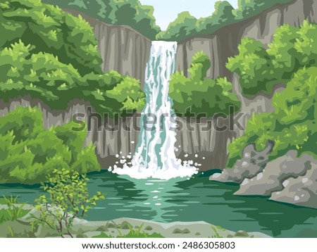 It is an illustration of a waterfall landscape.
