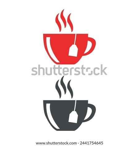 Coffee tea cup logo vector icon design with steam and hanging tea bag isolated on white background in red and black color 
