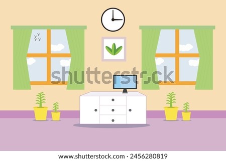 Cartoon background vector design illustration for cartoon animated video or content creator. Cartoon house home room background with two windows table floor wall and clock