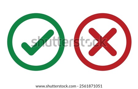 Vector set of flat round check mark, X mark exclamation point and question mark icon.