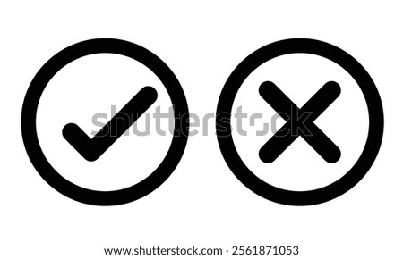 Vector set of flat round check mark, X mark exclamation point and question mark icon.