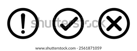 Vector set of flat round check mark, X mark exclamation point and question mark icon.