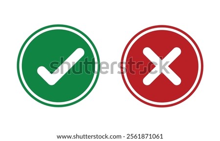 Vector set of flat round check mark, X mark exclamation point and question mark icon.