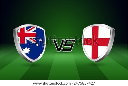 Australia vs England flag shields on a green field backdrop are icons of their fierce cricket competition