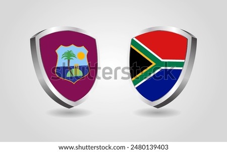 West Indies vs South Africa flag shields on a white background, cricket championship competition vector illustration