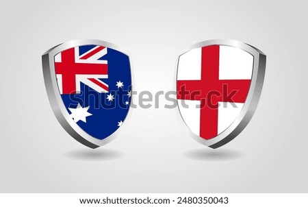 Australia vs England flag shields on a white background, cricket championship competition vector illustration