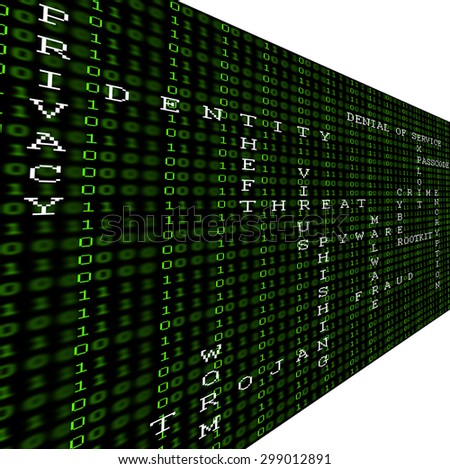 Binary Threats. Digital threats listed on green binary code on a black background.