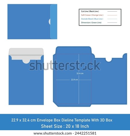 Envelope Size 22.9 x 32.4 cm dieline template and 3d box