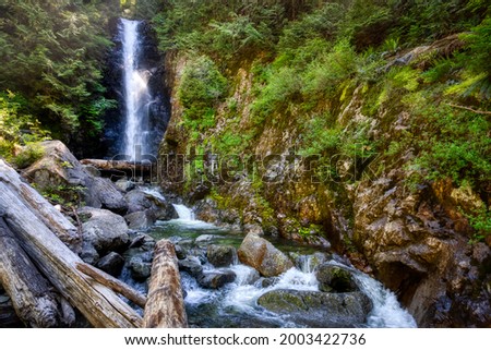 Norvan Falls and river stream in the natural canyon during the summer time. Canadian Nature Background. Lynn Valley, North Vancouver, British Columbia, Canada. Stok fotoğraf © 