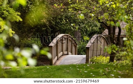 Scenic Path and Wooden Bridge in a park with green trees. City Suburban Neighborhood. Fraser Heights, Surrey, Vancouver, British Columbia, Canada. Foto stock © 