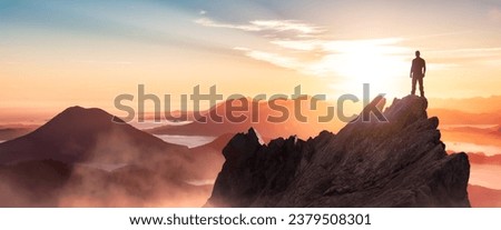 Similar – Image, Stock Photo Man hiker standing and admiring stunning beauty of impressive jagged peaks of Cadini di misurina mountain group in Dolomites, Italy, part of Tre Cime di Levaredo national park
