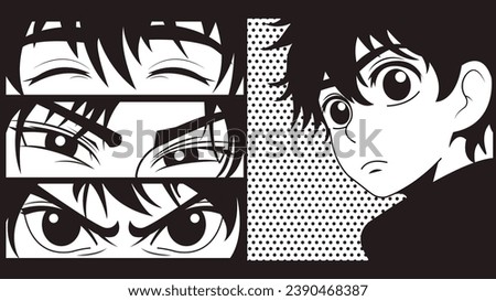 Close up eye look of manga style characters. Anime young boy eyes set. Asian culture cartoon style eyes. Black and white comic cartoon manga vector template for you designs.