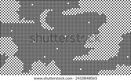 Pixel art starry night sky with clouds stars and a crescent moon. Horizontal composition. Black and white. Monochrome technology vibe. Atmospheric pixel sky scene.