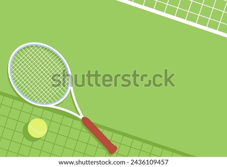 Aerial view of a green tennis court with a tennis ball, net and racket. Shade of tennis net. Outdoor sports and activities banner. Tournament game promotion background. Place for text.