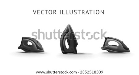 realistic 3D vector image of an iron in black color for ironing clothes on a light white background in three different projections in three angles with real shadow